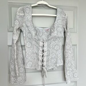 Lane 201 Floral Vixen Top Cement Lace Up Long Sleeve Blouse Medium